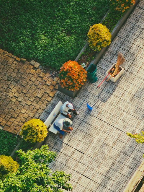An aerial view of a paved outdoor garden area featuring neatly arranged square tiles, with two people seated on a white bench engaged in conversation. The garden is bordered by vibrant greenery, inclu